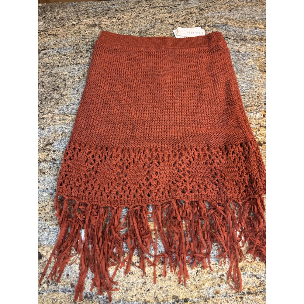 NWT Moon River Rust Knit Crochet Fringe Skirt L Boho Festival - Picture 2 of 9